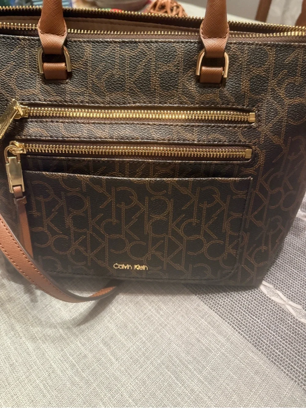 Calvin Klein Brown Monogram Tote with Gold Logo